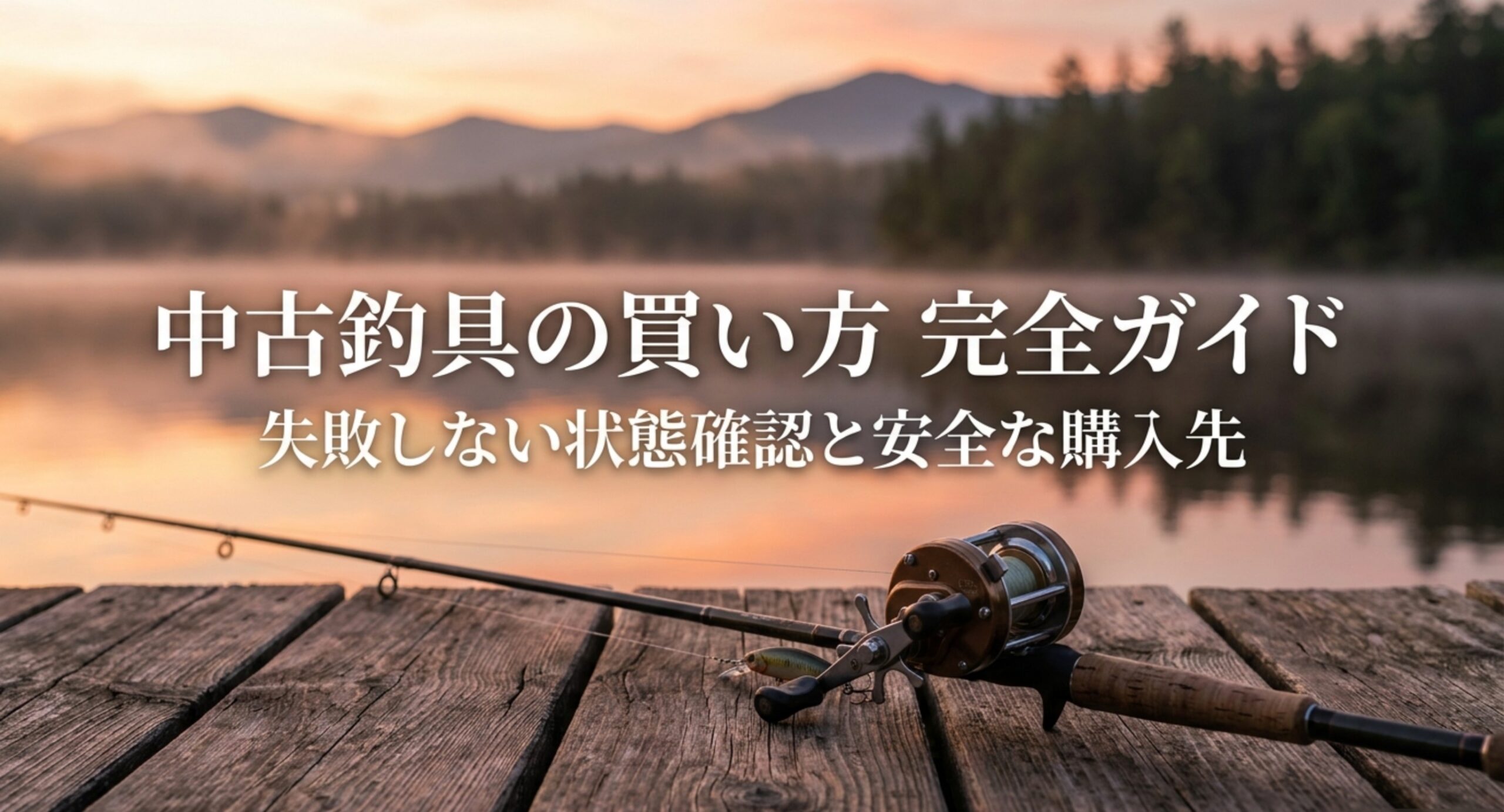 湖畔の桟橋に置かれたリール付きの釣り竿と中古釣具の買い方ガイドのタイトル