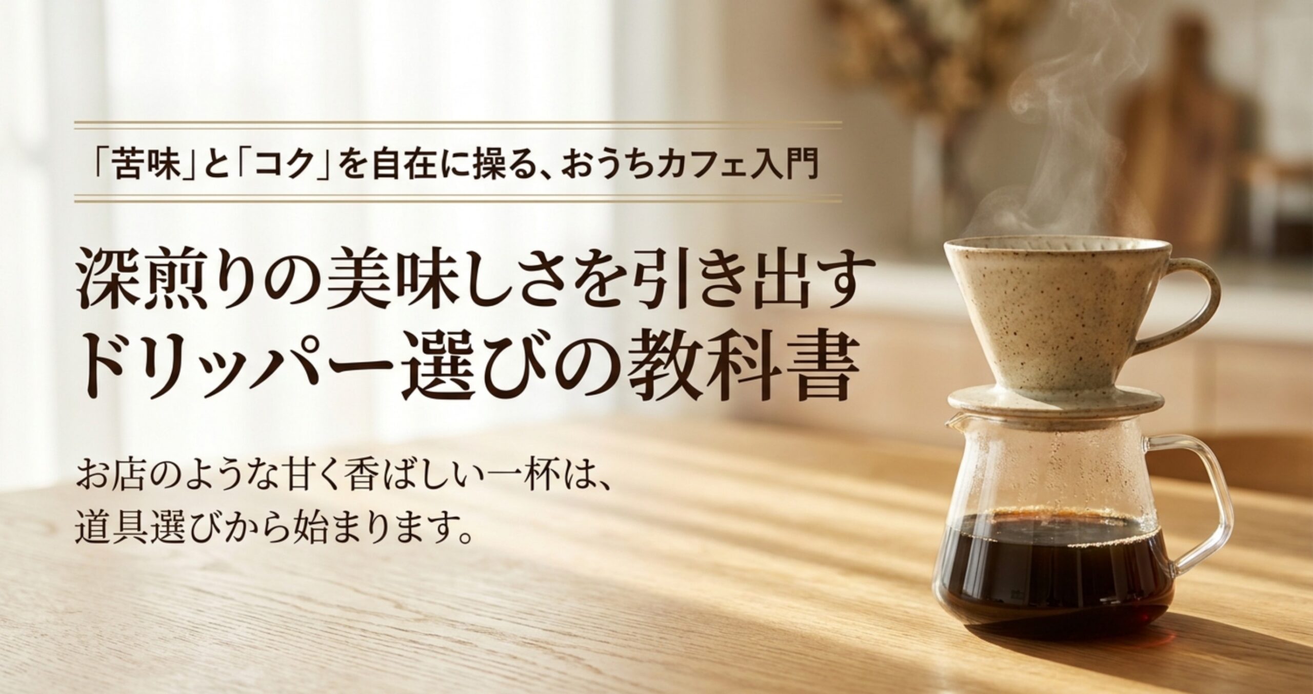深煎りコーヒーとドリッパーが並ぶおうちカフェのイメージ
