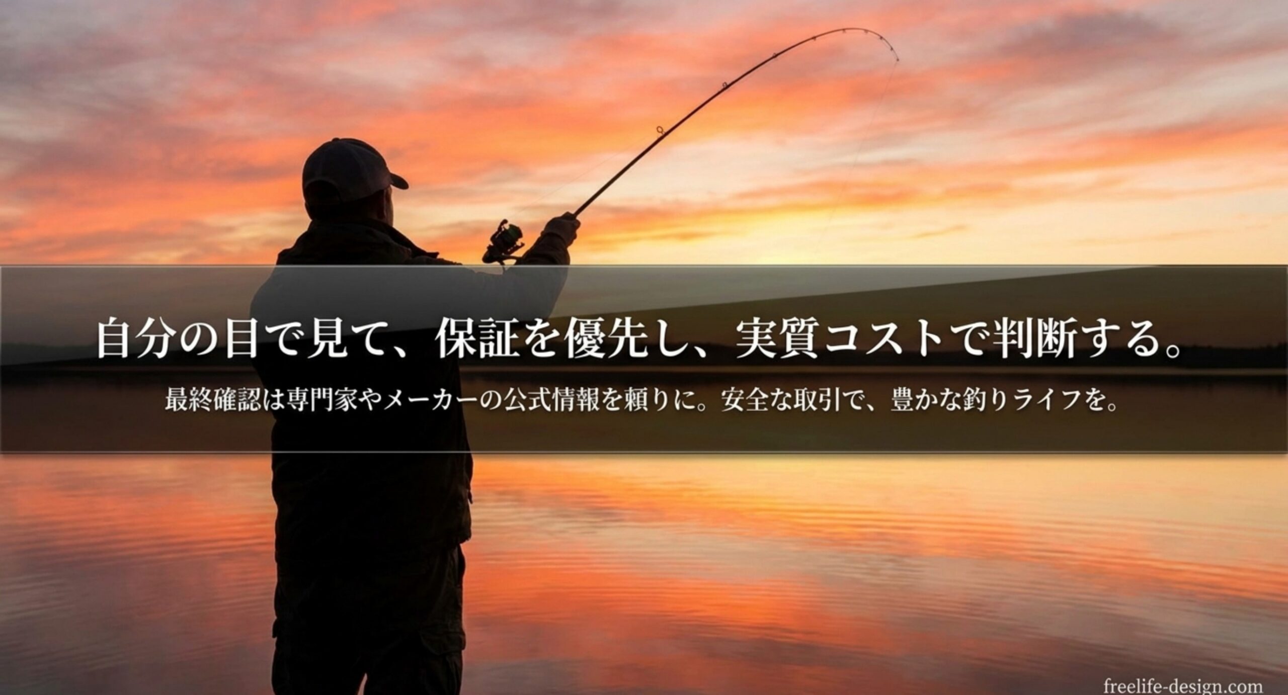 夕焼けの水辺で釣りをする人と中古釣具選びのまとめを示すスライド