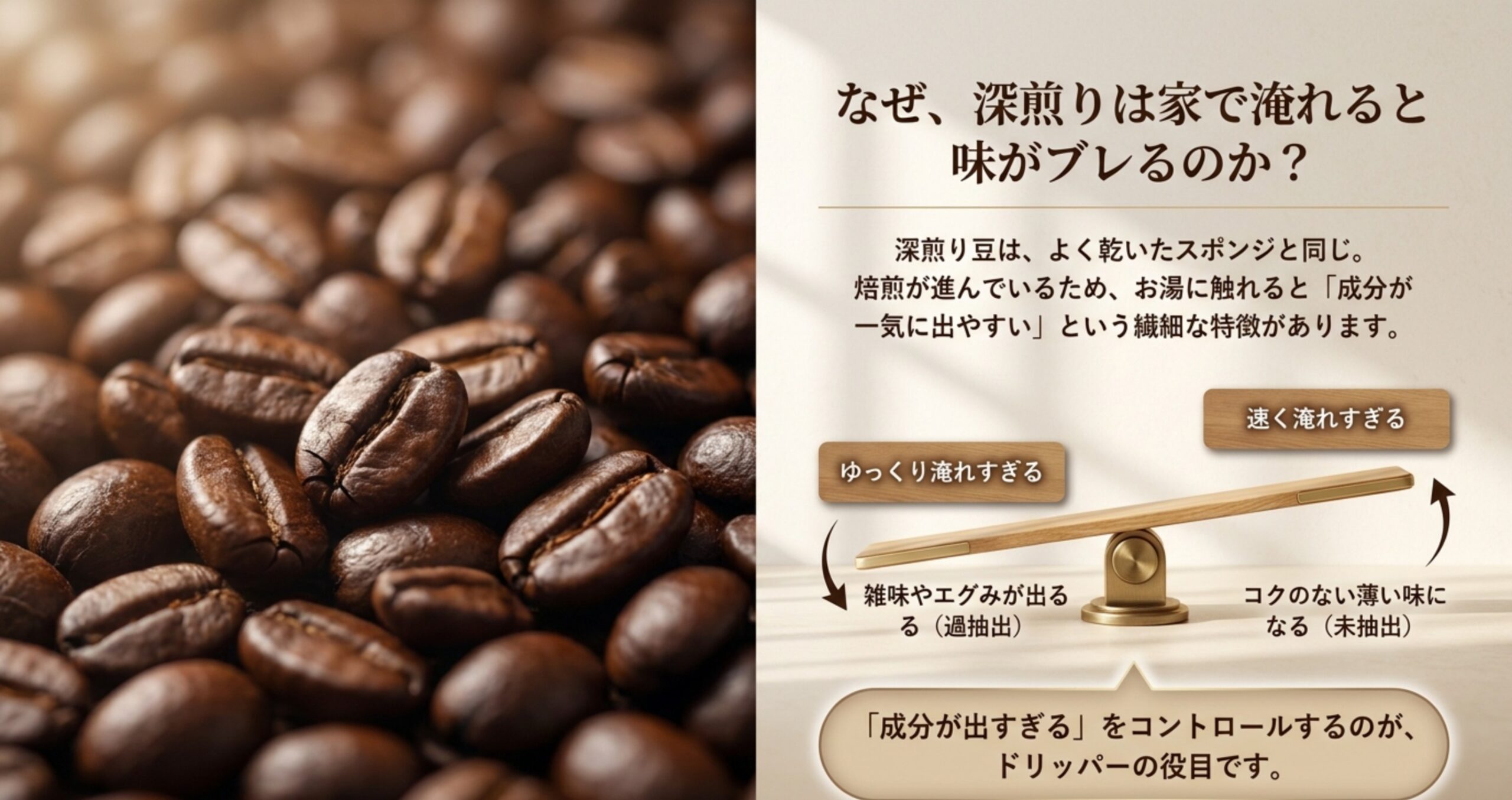 深煎り豆と抽出バランスを示すイメージ図