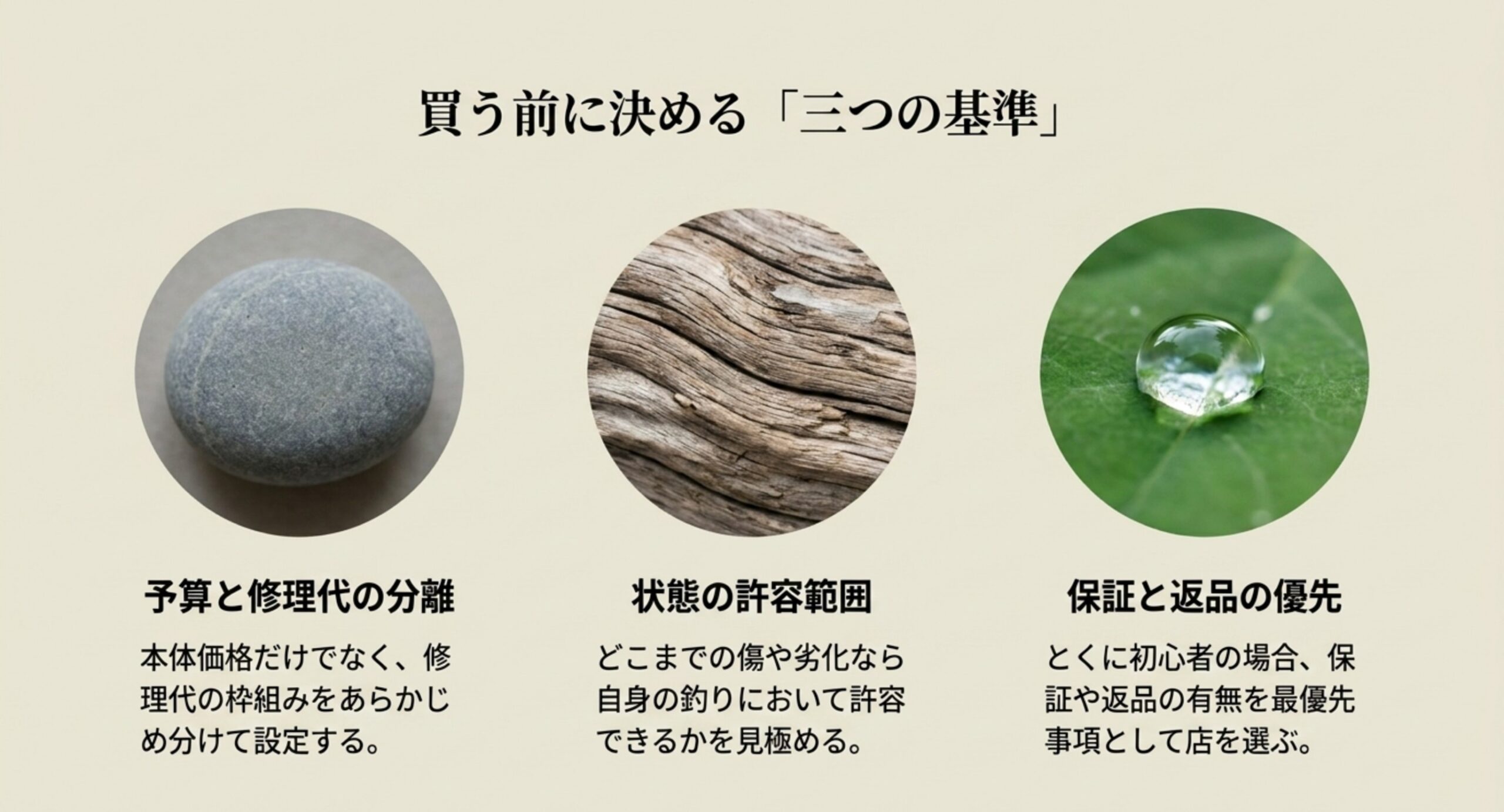 予算と修理代の分離・状態の許容範囲・保証と返品の優先という三つの基準を示すスライド