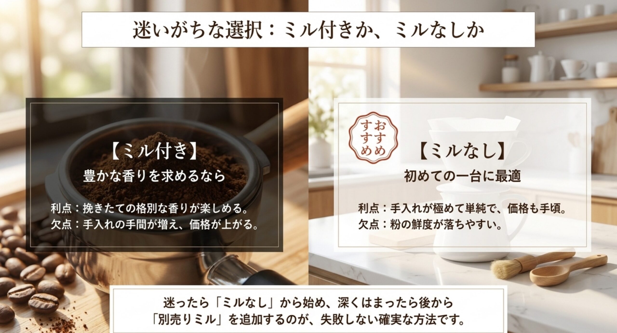 ミル付きとミルなしそれぞれの利点と欠点を比較した選び方の図
