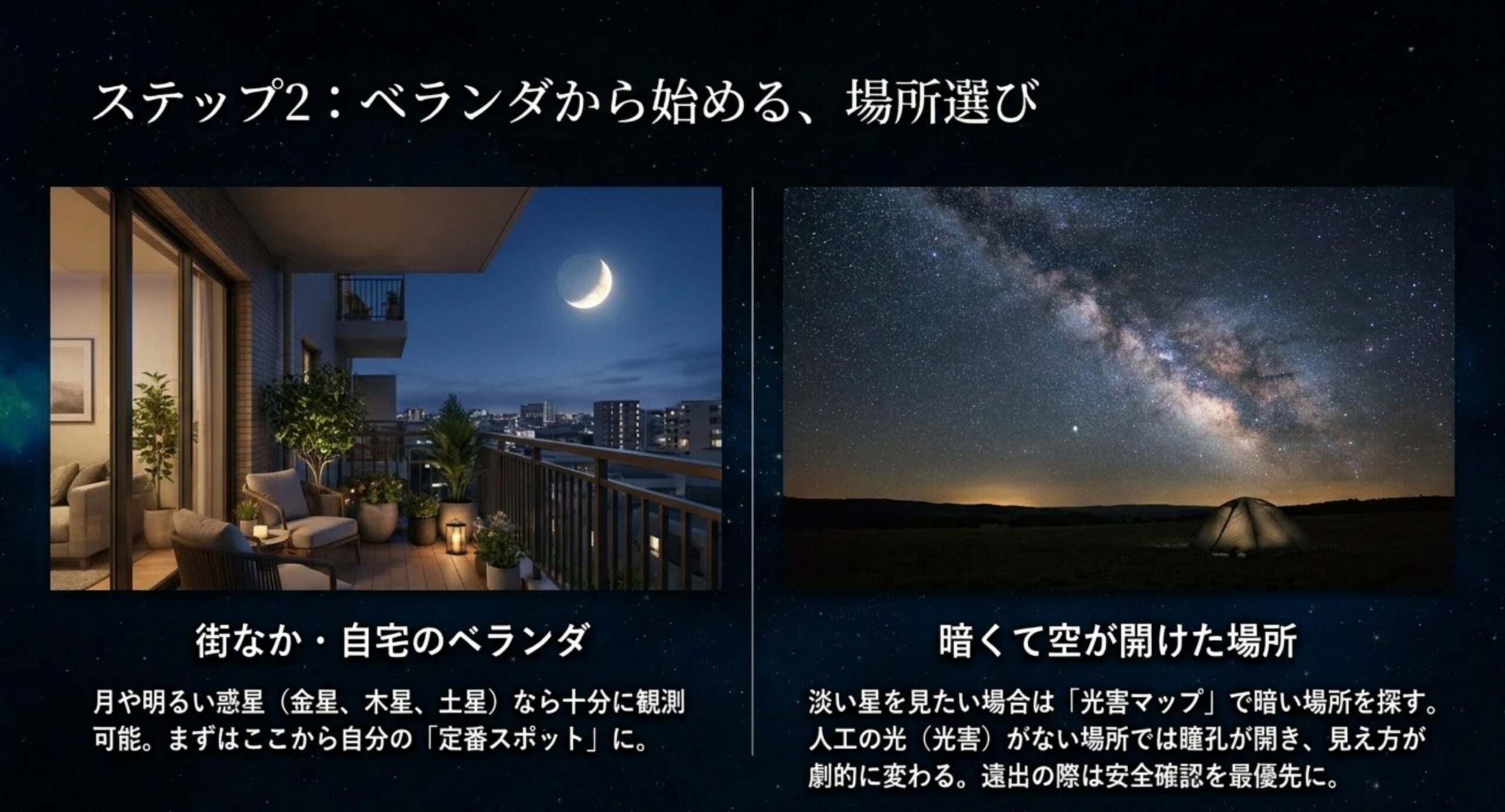 街なかのベランダと暗くて空が開けた場所を比較した夜空の写真
