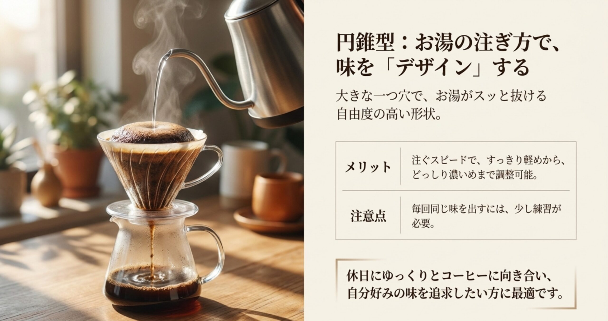 円錐型ドリッパーでお湯を注ぐ様子