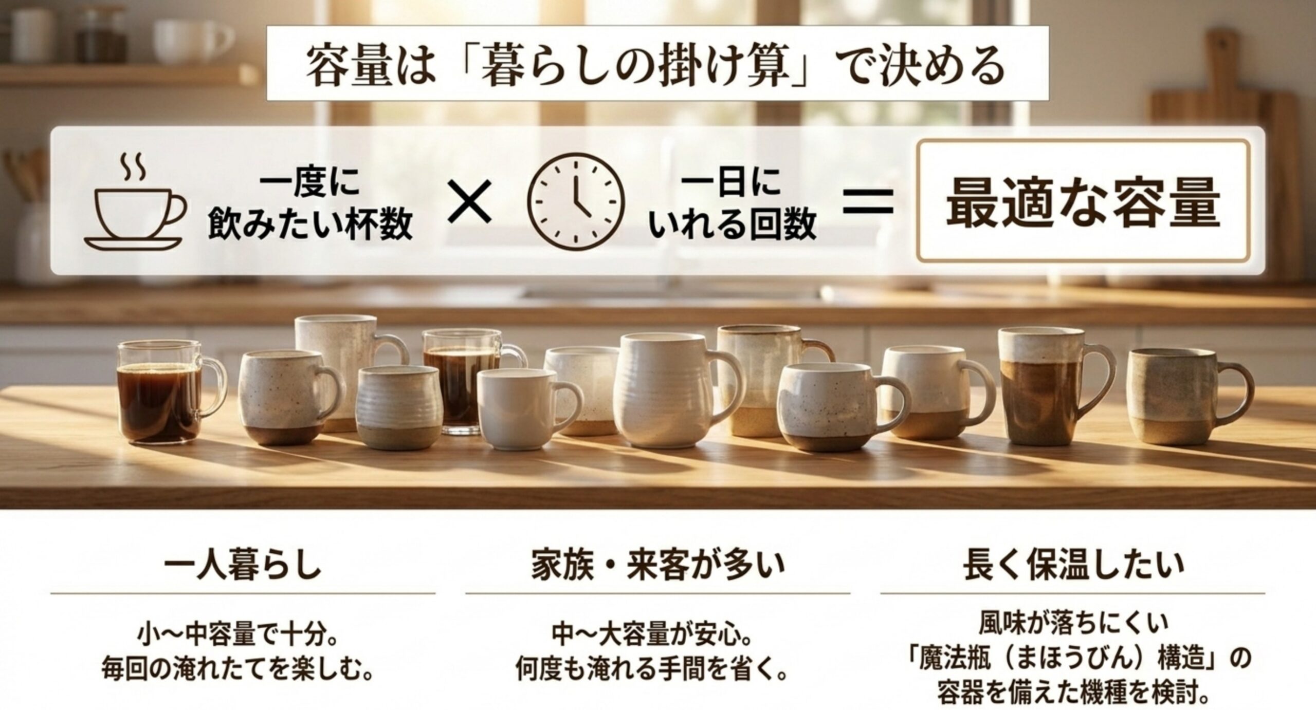 一度に飲みたい杯数と一日にいれる回数の掛け算で最適な容量を決める考え方の図