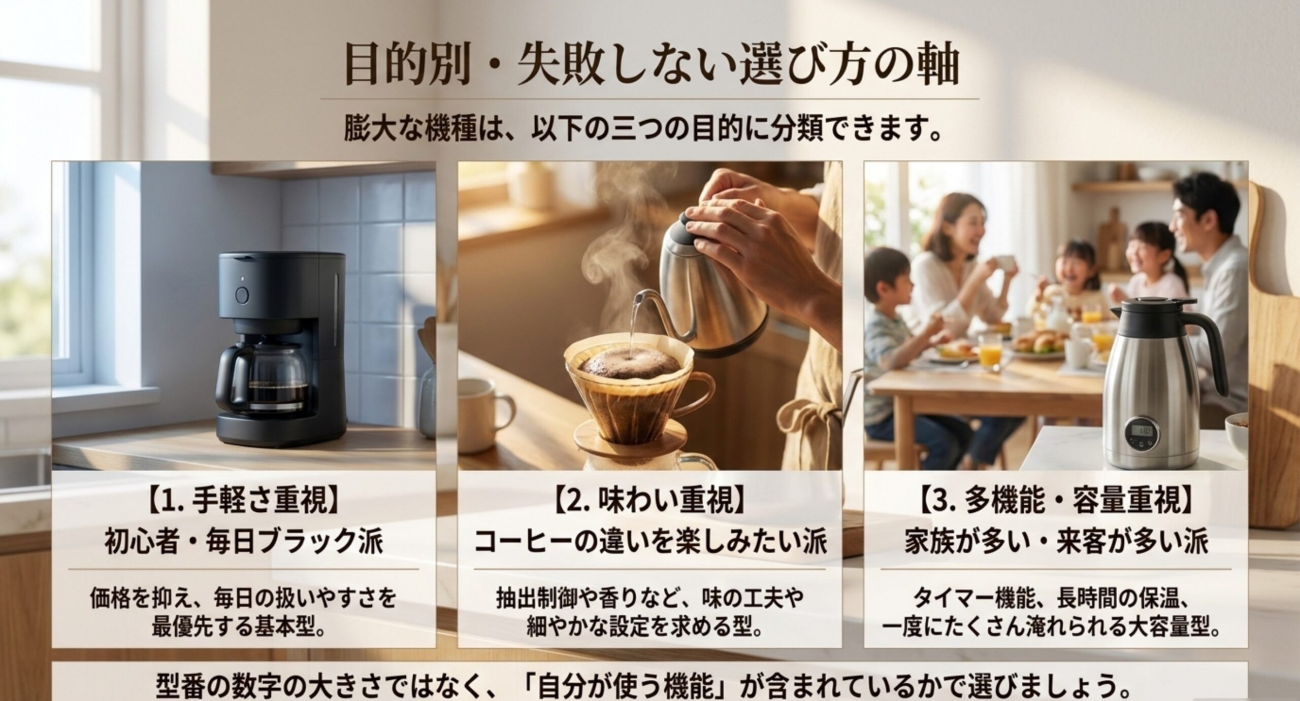 手軽さ重視・味わい重視・多機能容量重視という目的別の三つの選び方の軸