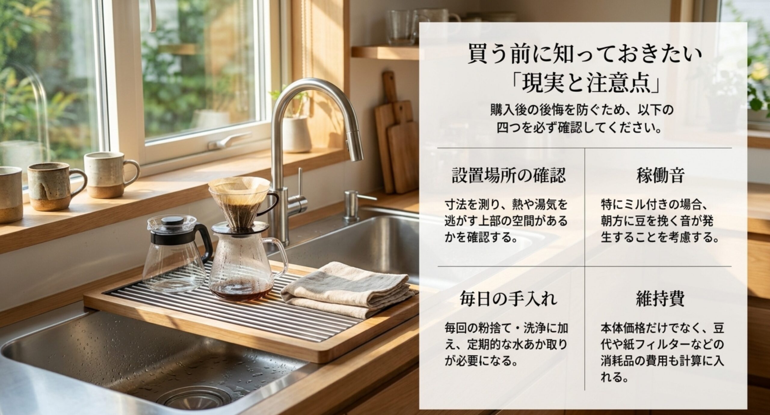 設置場所・稼働音・毎日の手入れ・維持費という購入前に確認したい四つの注意点