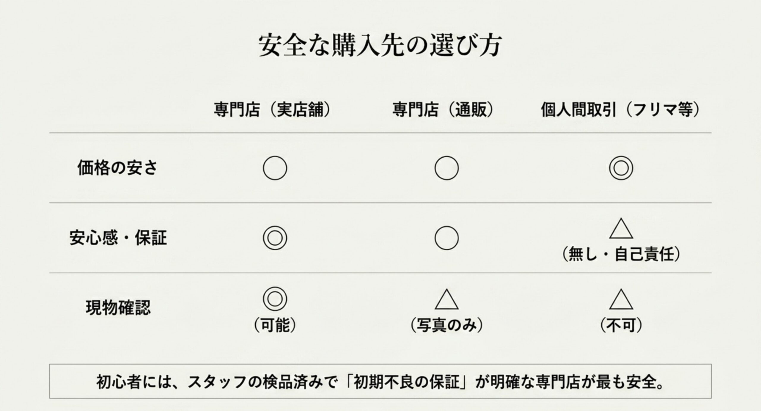 専門店・通販・フリマの価格と保証と現物確認を比較した表のスライド
