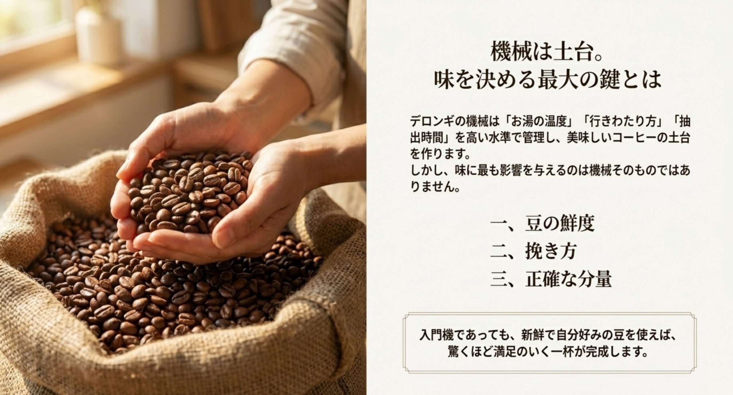 機械は土台で味を決める鍵は豆の鮮度・挽き方・正確な分量であることを示す図