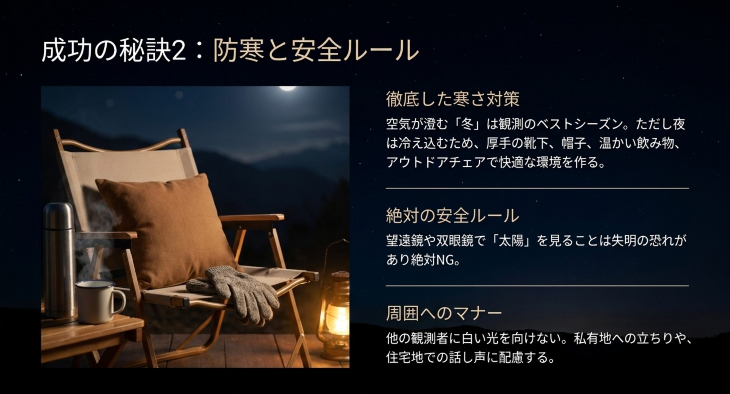 冬の防寒装備と安全・マナーの注意点をまとめた夜のキャンプ風景