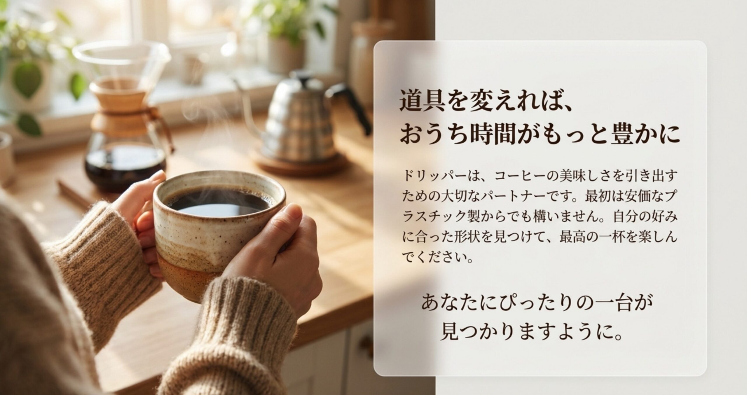 コーヒーカップを両手で持つくつろぎの様子