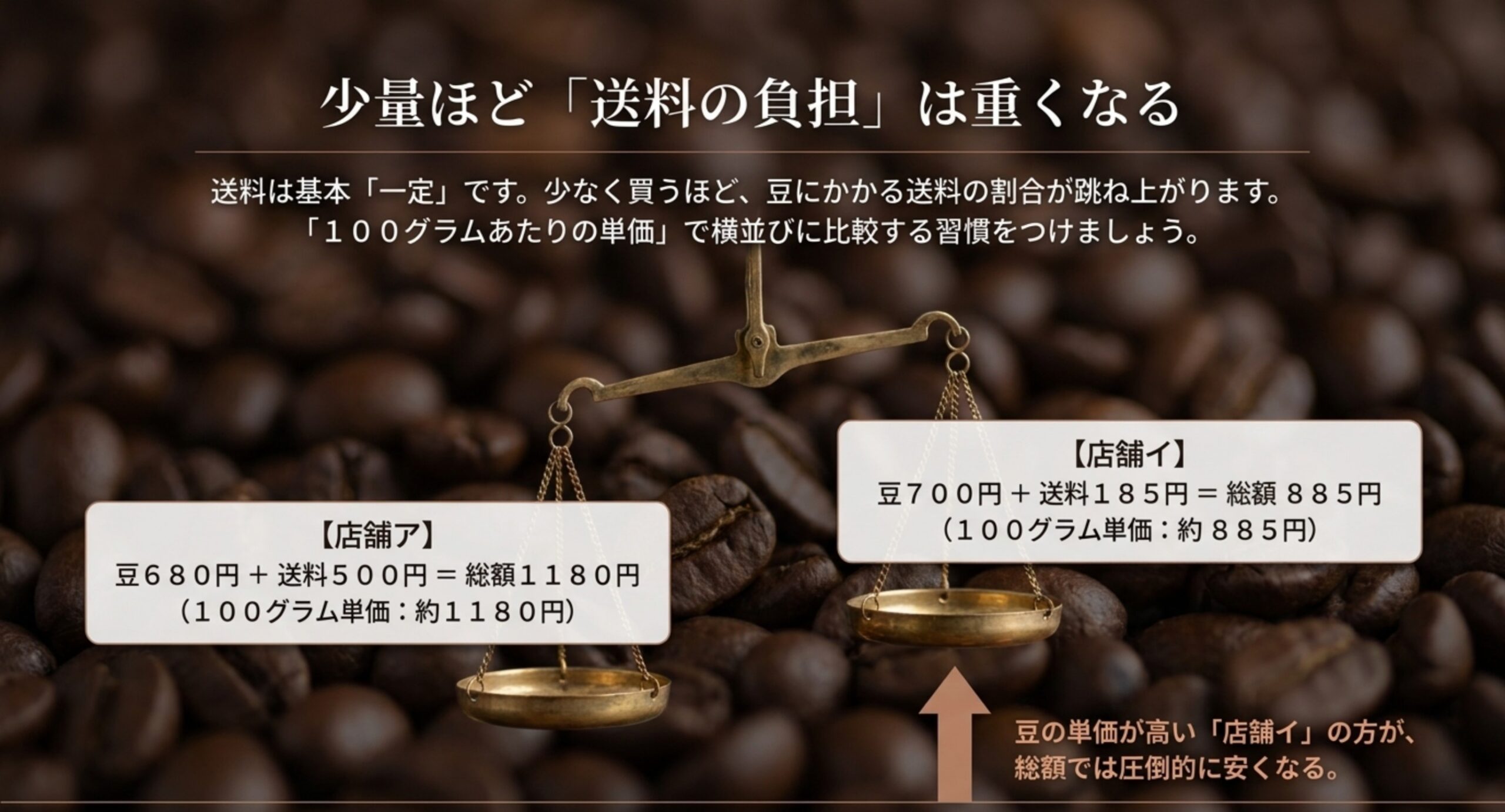 少量購入だと1グラムあたりの送料の割合が高くなることを天秤で示したスライド