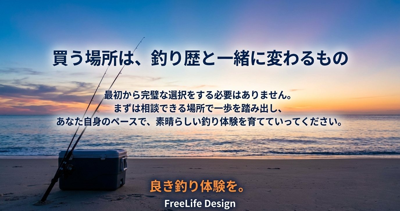 海辺のクーラーボックスと釣り竿の写真と釣り歴に応じて購入先を変えていくというまとめ