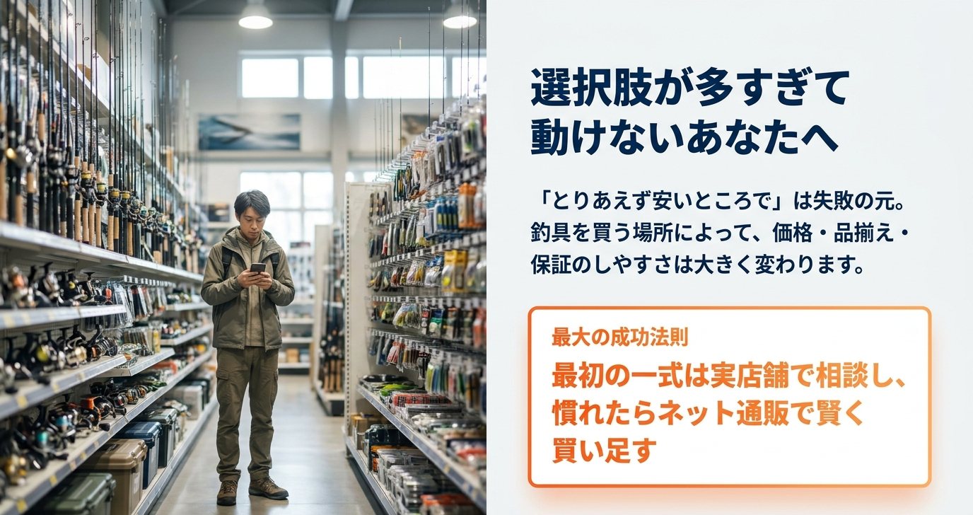 釣具店の陳列棚の前で道具を選ぶ人の写真と購入先選びのポイント