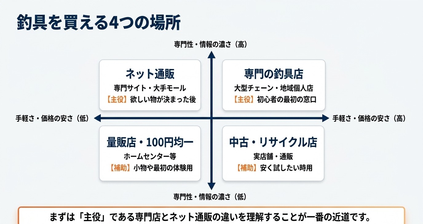 専門店・ネット通販・量販店や100均・中古の4つの購入先を価格と専門性で比較した図