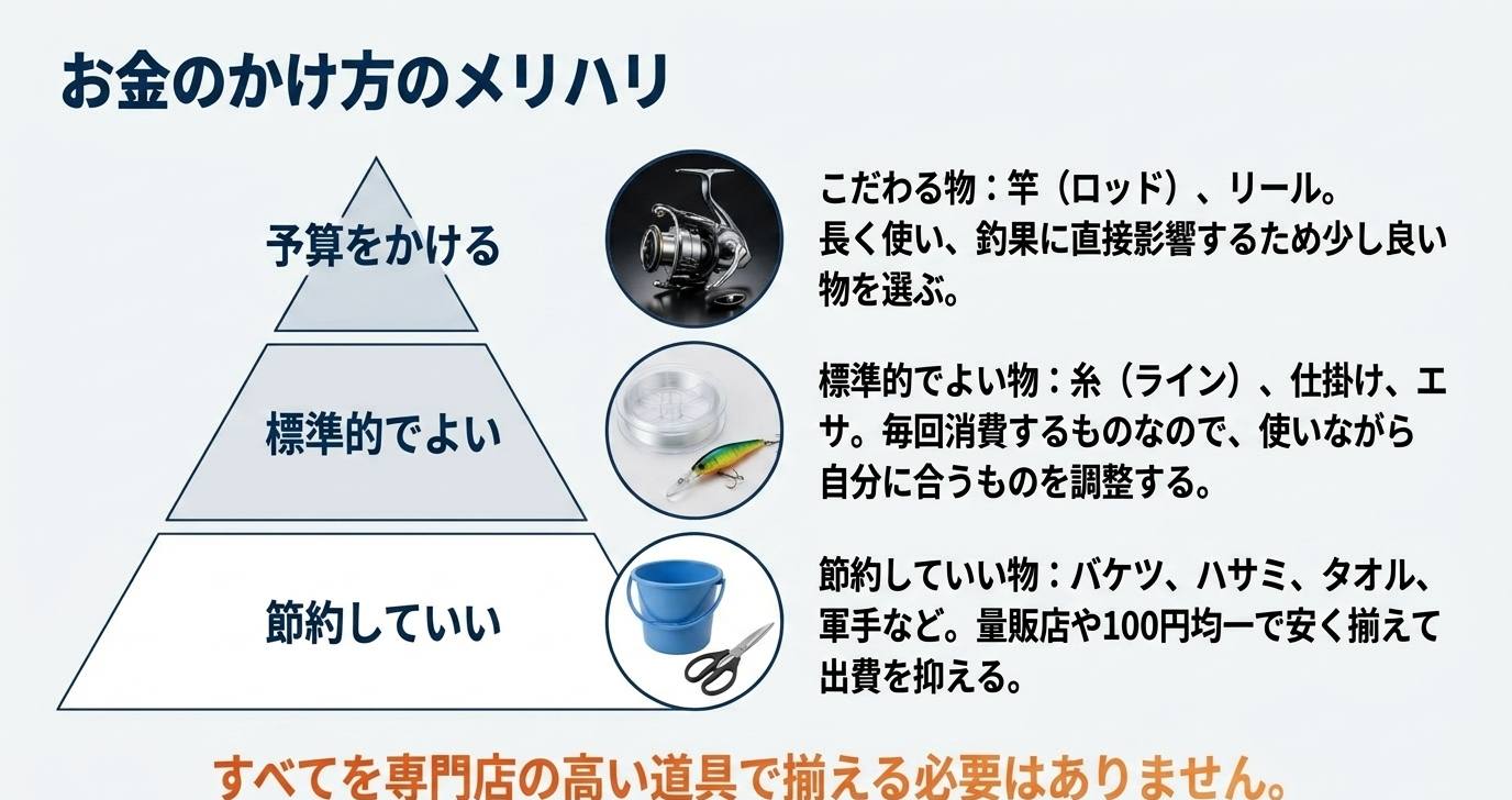 ロッドやリールにお金をかけ周辺小物は節約するというメリハリのあるお金の使い方のピラミッド図