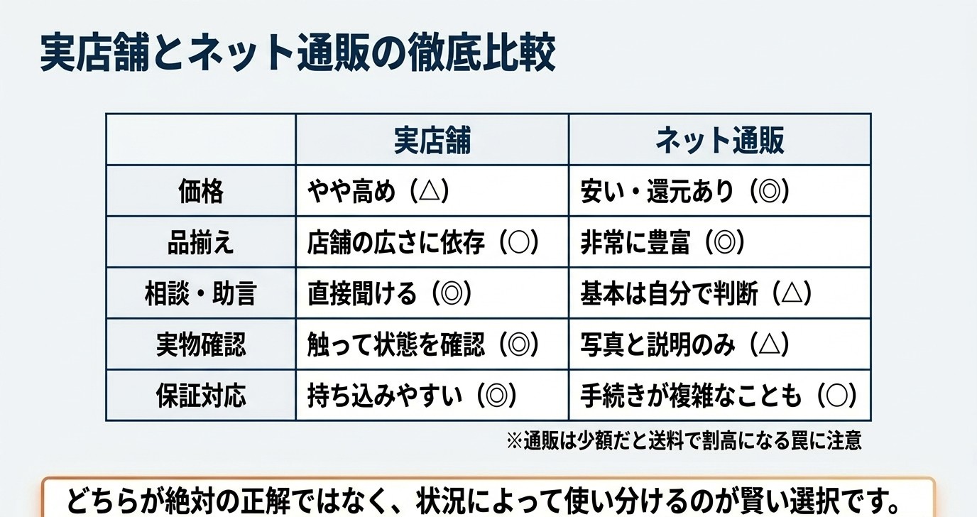 価格・品ぞろえ・相談・保証など項目別に実店舗とネット通販を比較した表