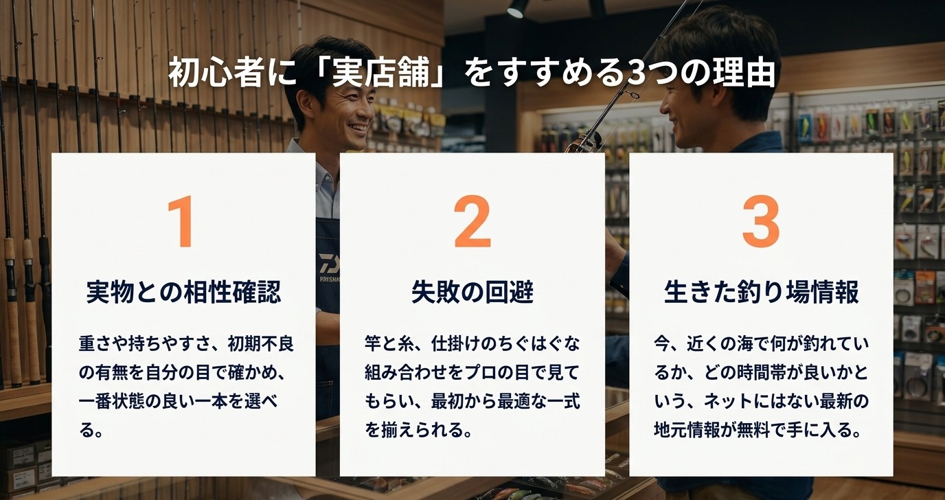 実物確認・失敗回避・地元の釣り場情報という実店舗で買う3つのメリット