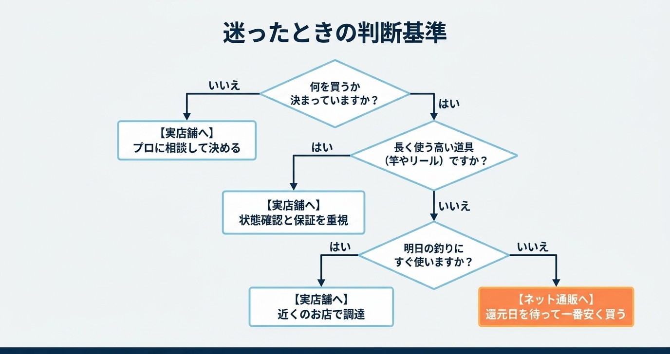 高い初めて急ぎなら実店舗、安い決まっている急がないなら通販と判断するフローチャート