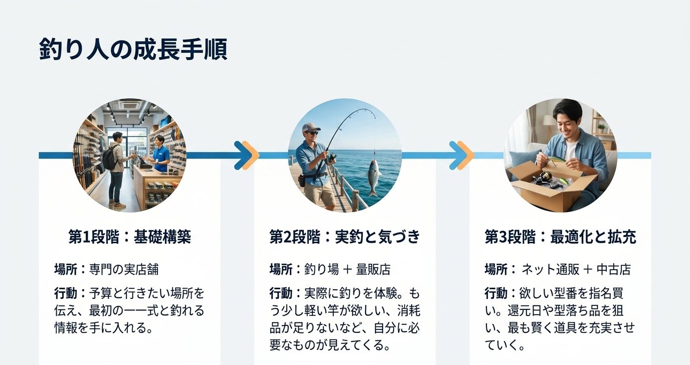 基礎構築は専門店、実釣と気づきは釣り場と量販店、最適化と拡大はネット通販と中古という成長手順の図