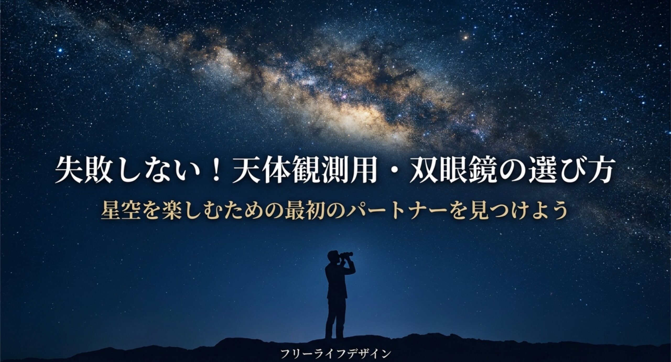 天の川の下で双眼鏡を構える人のシルエットと、失敗しない天体観測用双眼鏡の選び方という表紙のスライド