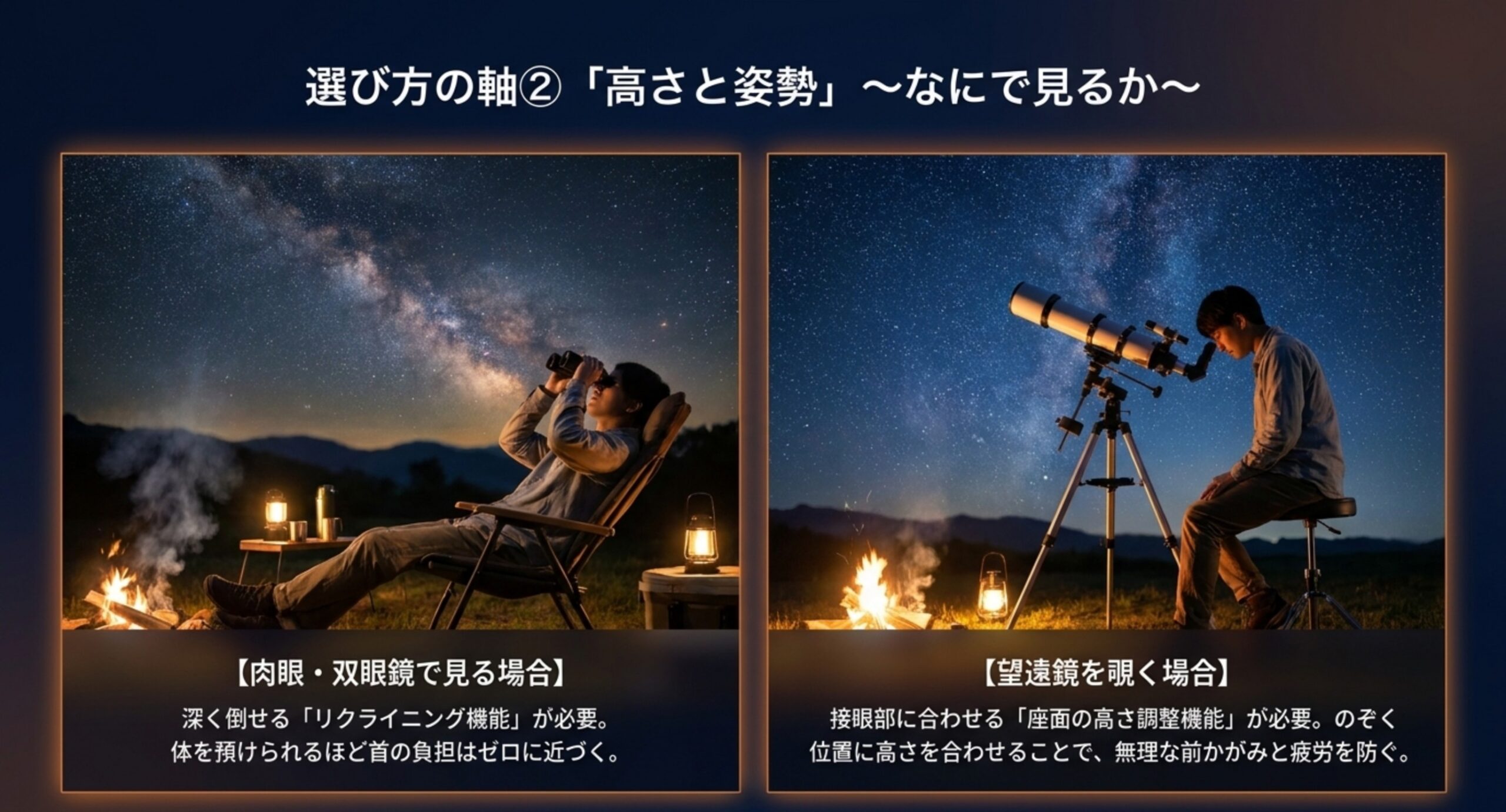 肉眼や双眼鏡で見る場合はリクライニング、望遠鏡を覗く場合は座面の高さ調整が必要だと左右で示したスライド