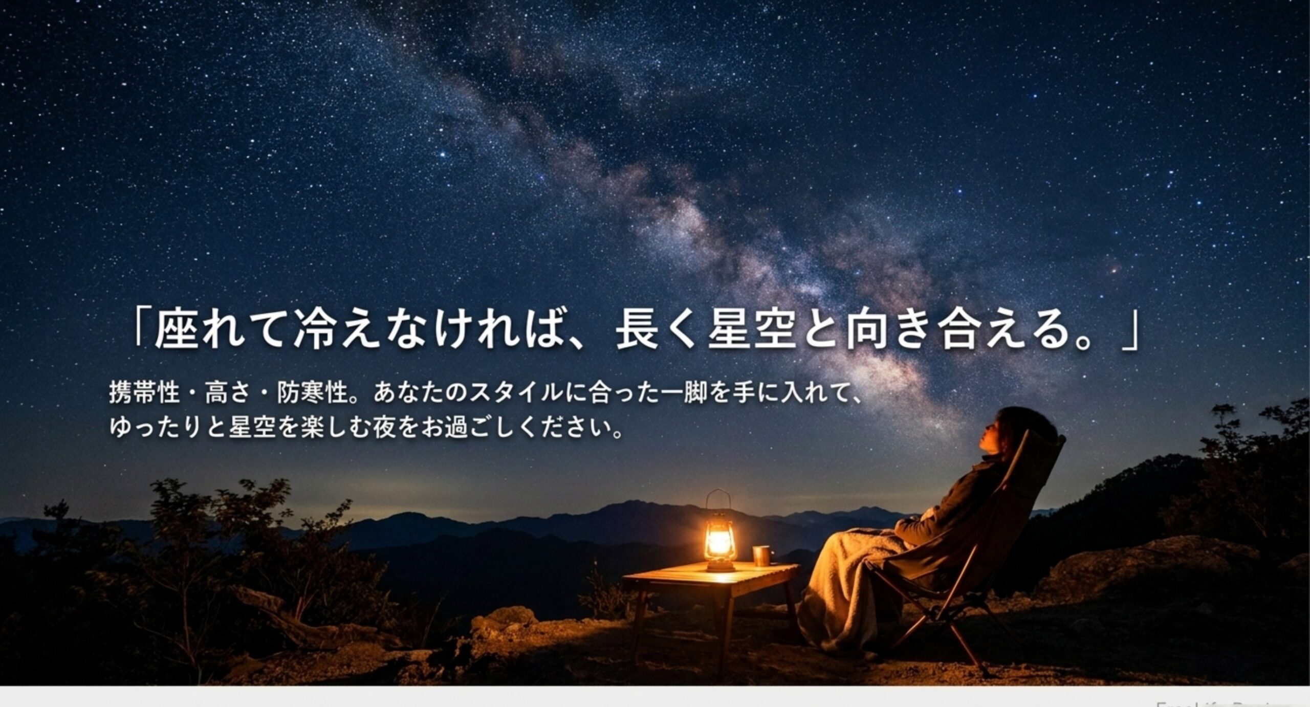 星空の下で椅子に座る人とともに、携帯性と高さと防寒性で自分に合う一脚を選ぶというまとめのメッセージを示したスライド
