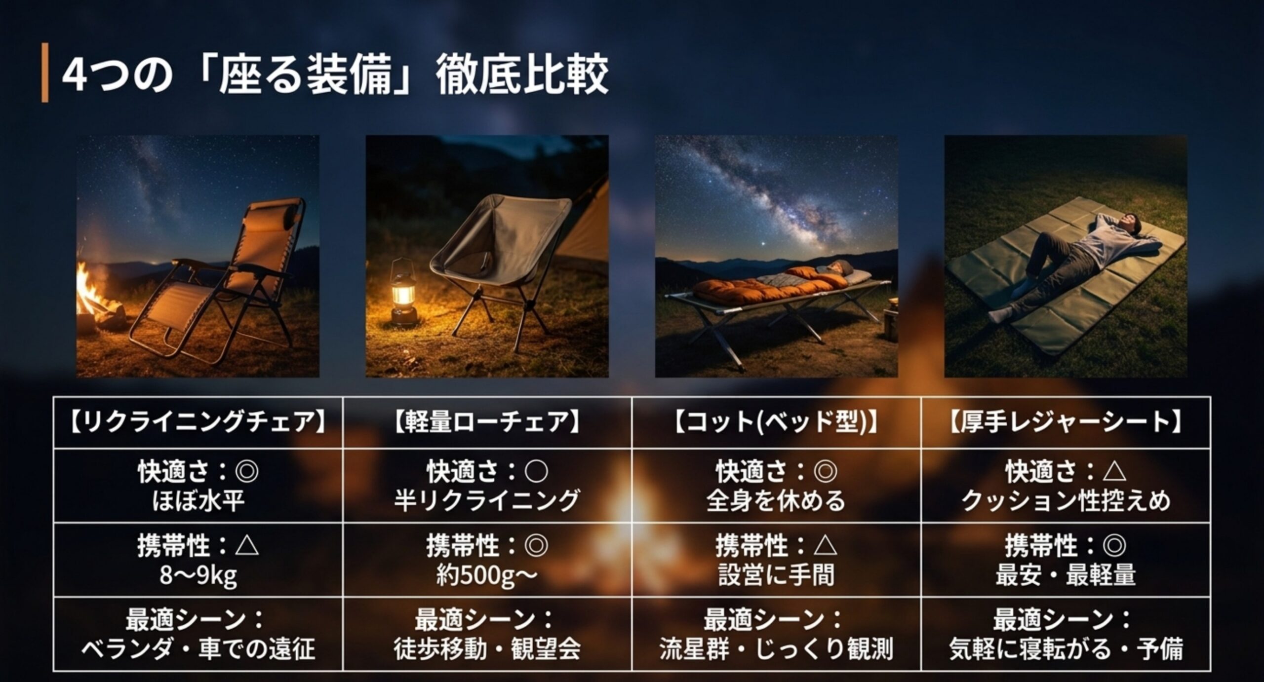 リクライニングチェア・軽量ローチェア・コット・厚手レジャーシートの快適さと携帯性と最適シーンを比べた比較表のスライド