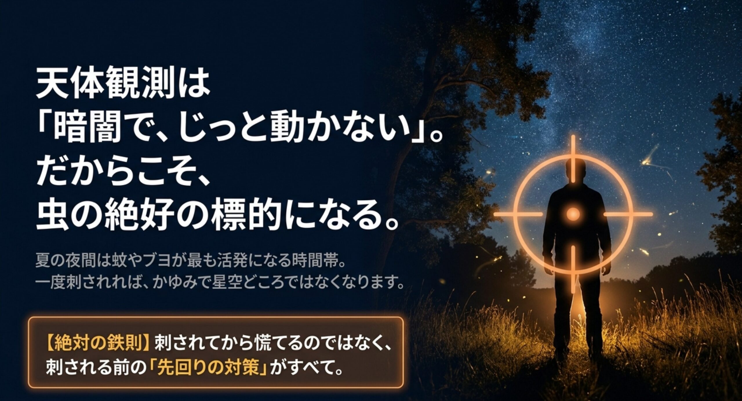 暗闇でじっと動かない天体観測は虫の標的になりやすく先回りの対策が大切だと示すスライド