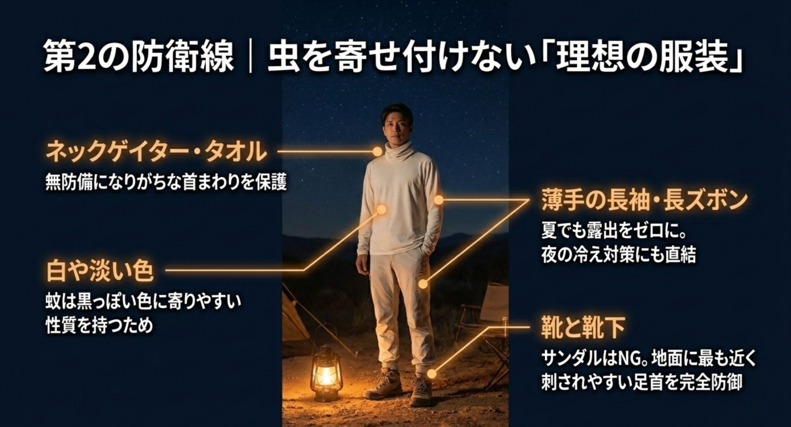 長袖長ズボンや白い色・靴下など虫を避ける夏の天体観測の服装ポイントを示したスライド