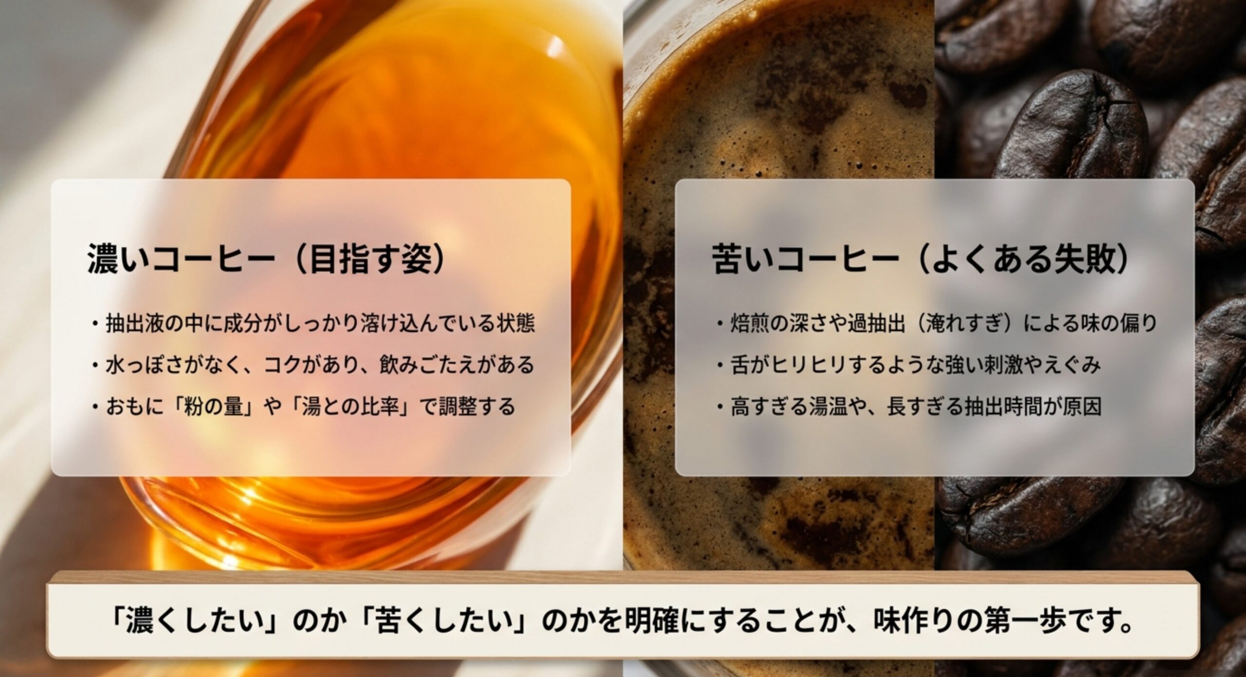 濃いコーヒーと苦いコーヒーの違いを、抽出成分・水っぽさ・過抽出・湯温などの観点で比較したスライド