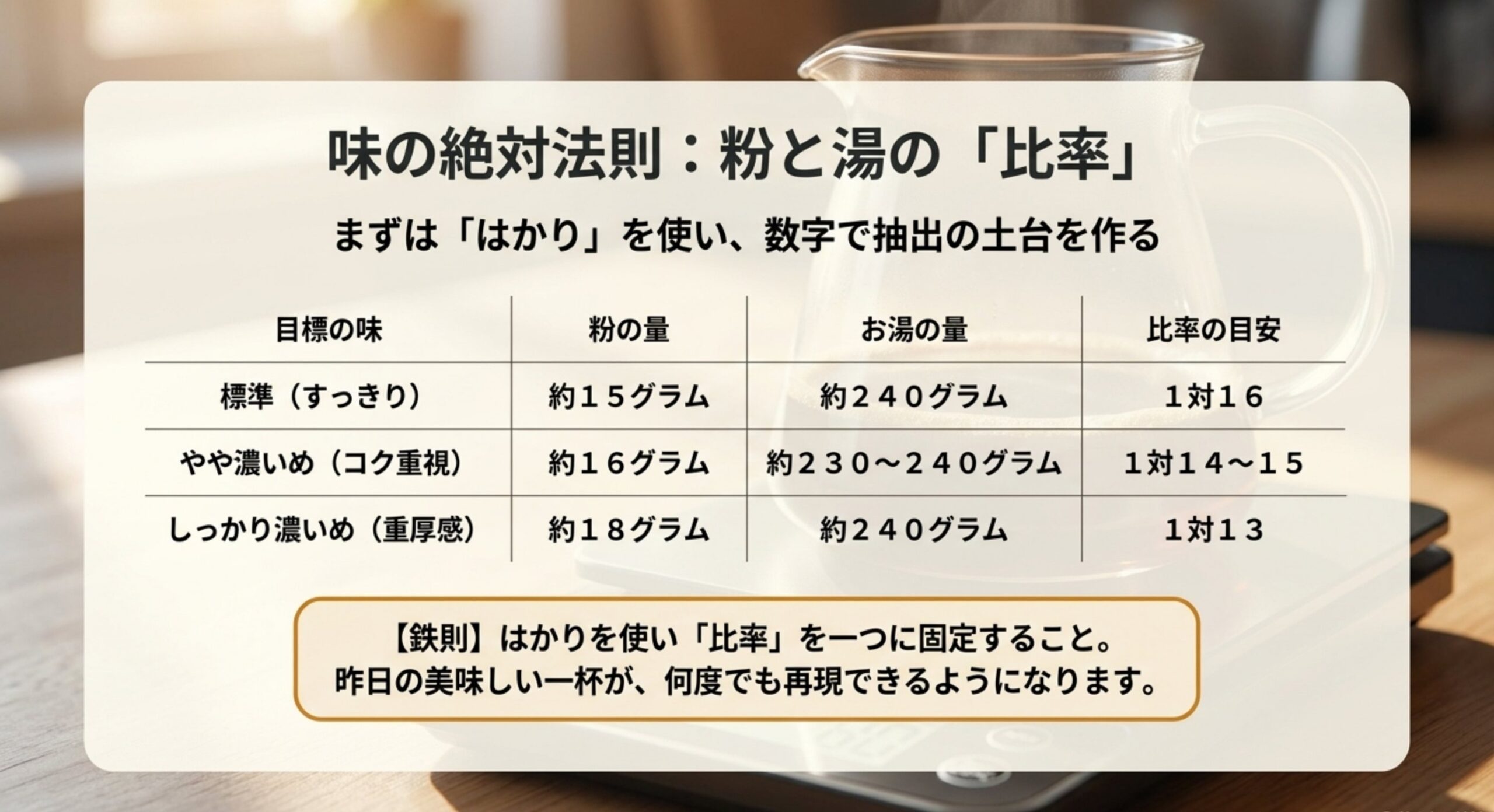 標準、やや濃いめ、しっかり濃いめごとの粉量・湯量・比率の目安を示したスライド