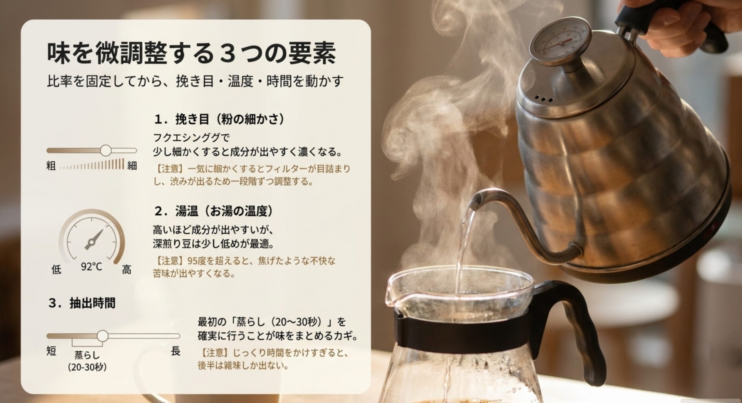 比率を固定したあとに挽き目、湯温、抽出時間で味を調整するポイントをまとめたスライド