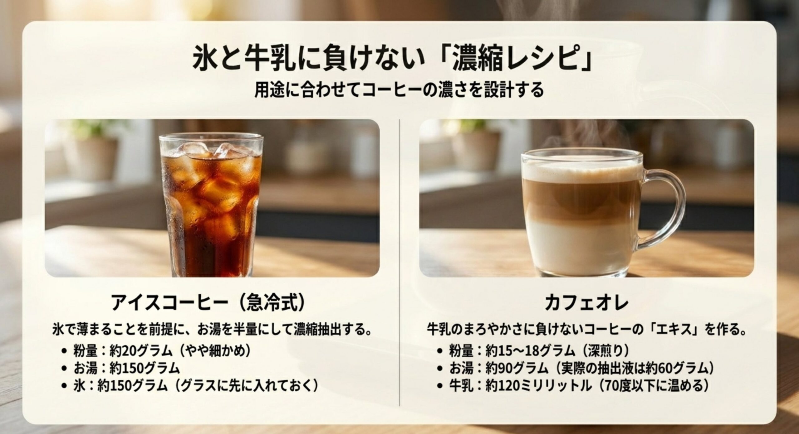 氷や牛乳に負けない濃いめのアイスコーヒーとカフェオレのレシピを示したスライド
