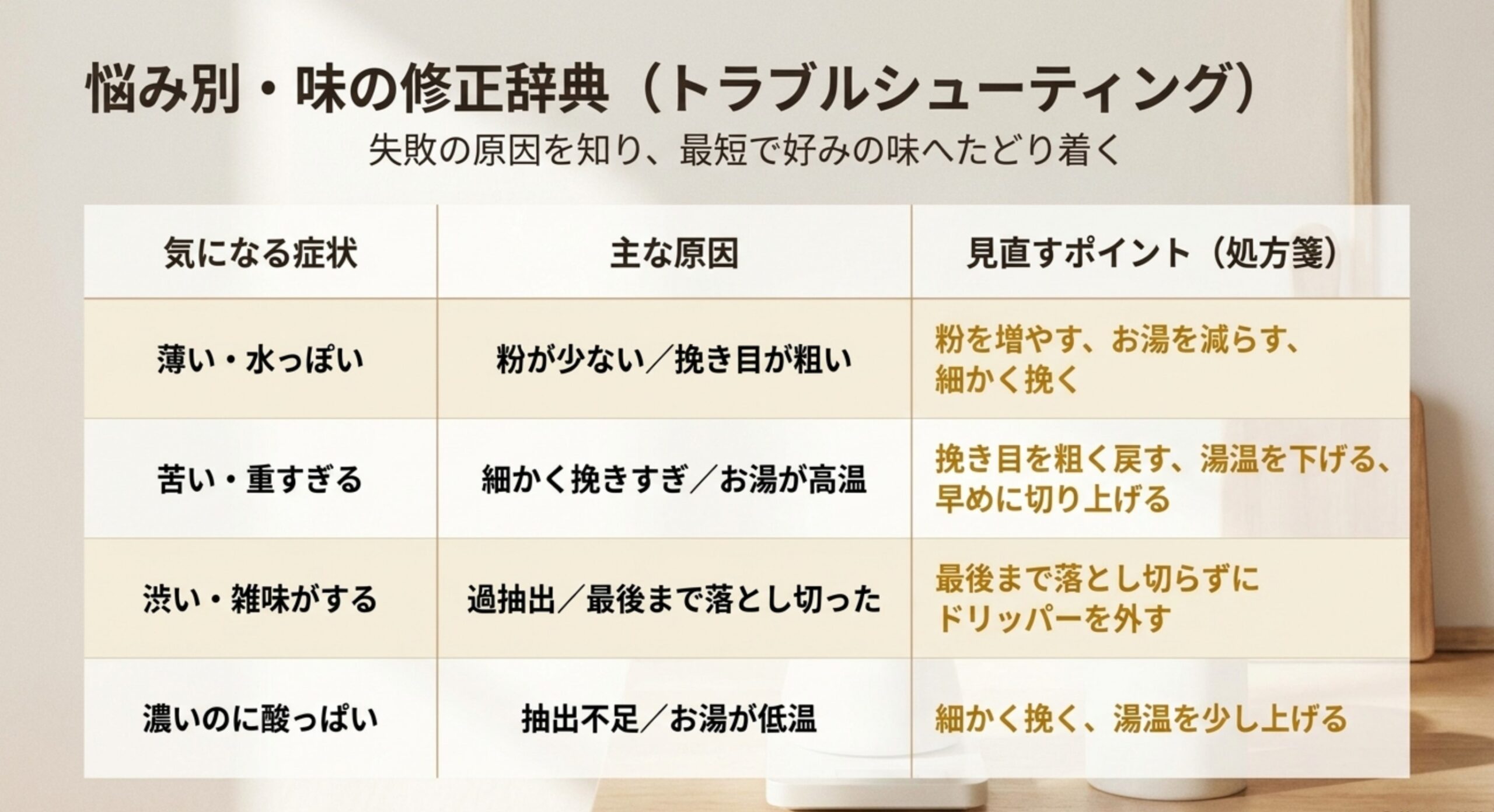 薄い、苦い、渋い、酸っぱいなどの症状別に原因と見直しポイントをまとめたスライド