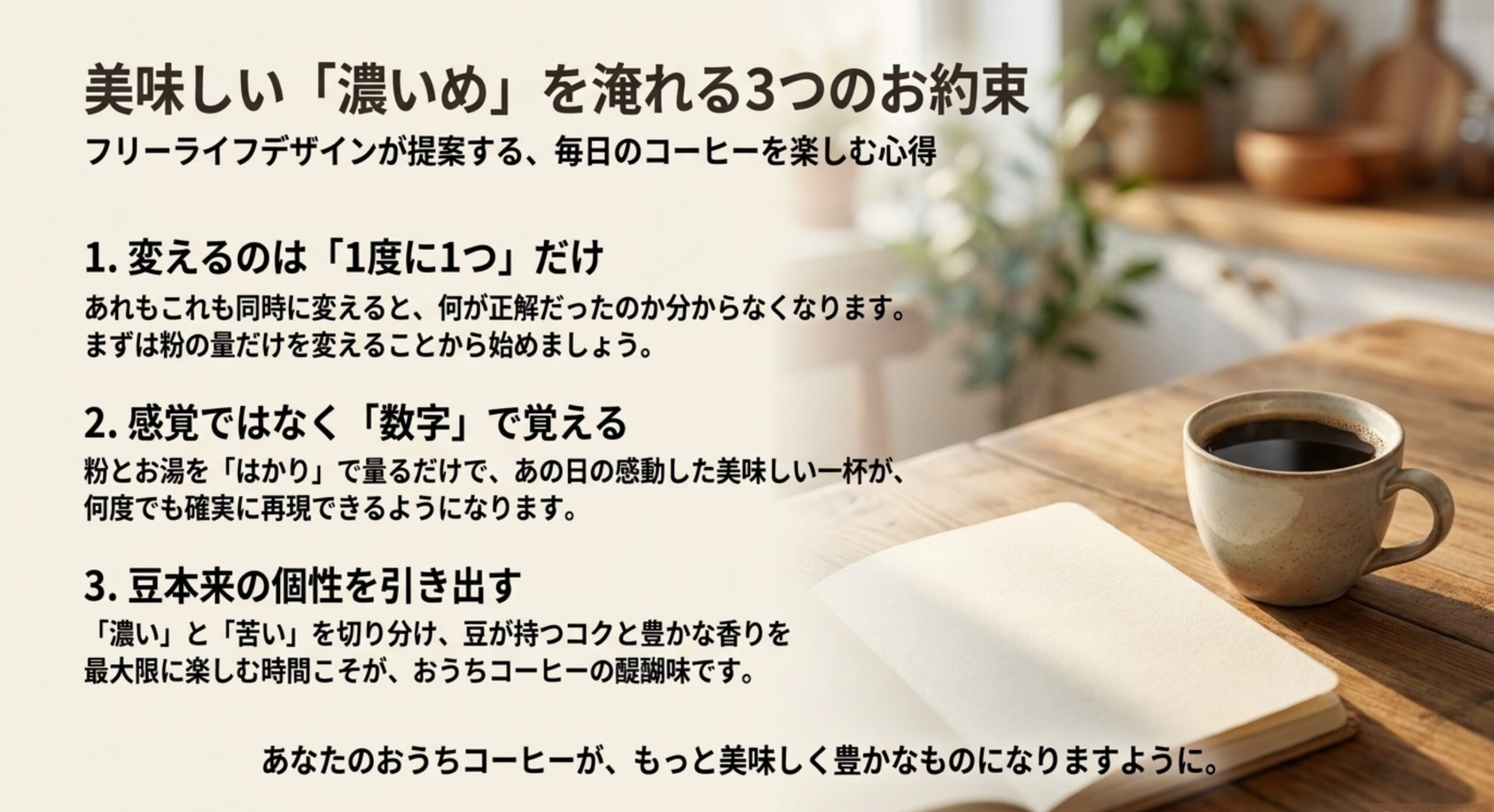 一度に変える要素は1つ、感覚ではなく数字で覚える、豆本来の個性を引き出すという濃いめ抽出の心得をまとめたスライド