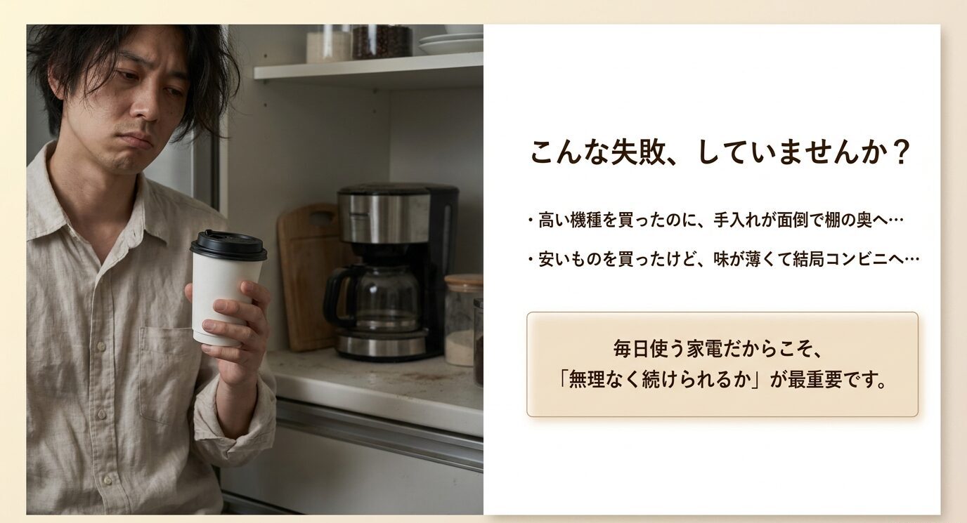 高い機種を買っても手入れが面倒、安い機種では味が薄いという失敗例を示すスライド