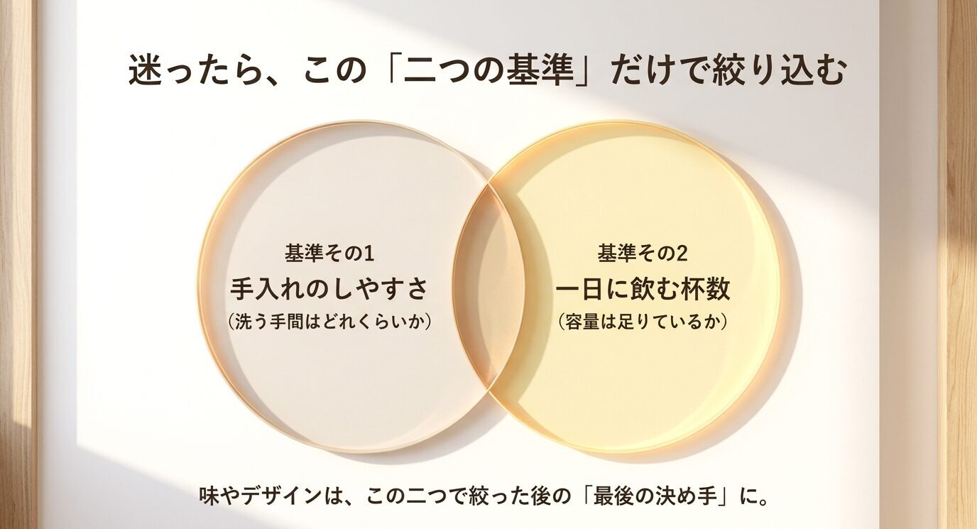 コーヒーメーカー選びでは手入れのしやすさと一日に飲む杯数を基準にすることを示す図