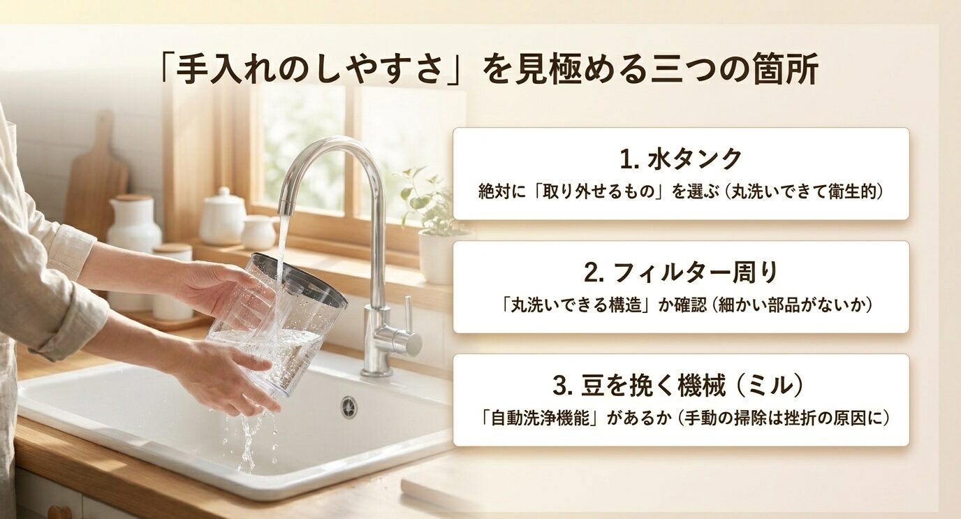 水タンク、フィルター周り、ミルの3点でコーヒーメーカーの手入れしやすさを確認するスライド