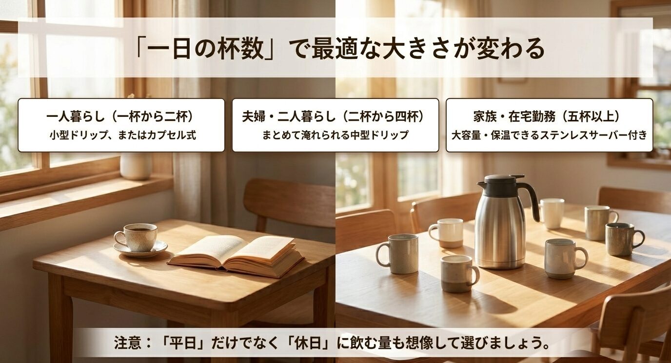 一人暮らし、夫婦二人暮らし、家族や在宅勤務で必要なコーヒーメーカーの容量が変わることを示すスライド
