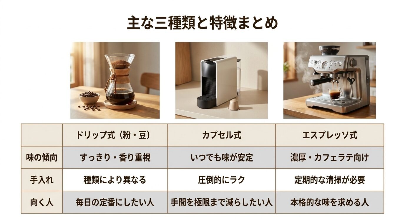 ドリップ式、カプセル式、エスプレッソ式の味の傾向、手入れ、向いている人を比較したスライド