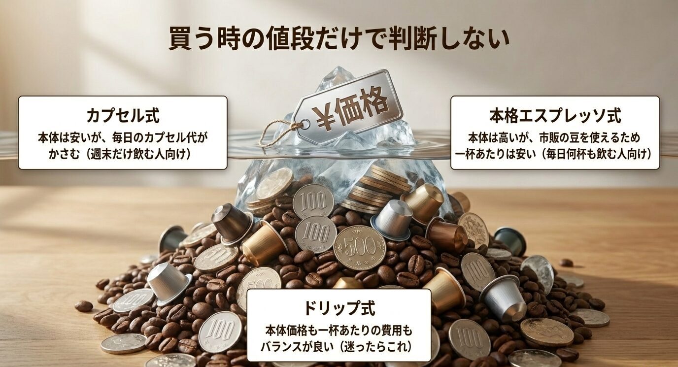 カプセル式、ドリップ式、本格エスプレッソ式の本体価格と一杯あたりの費用の考え方を示すスライド