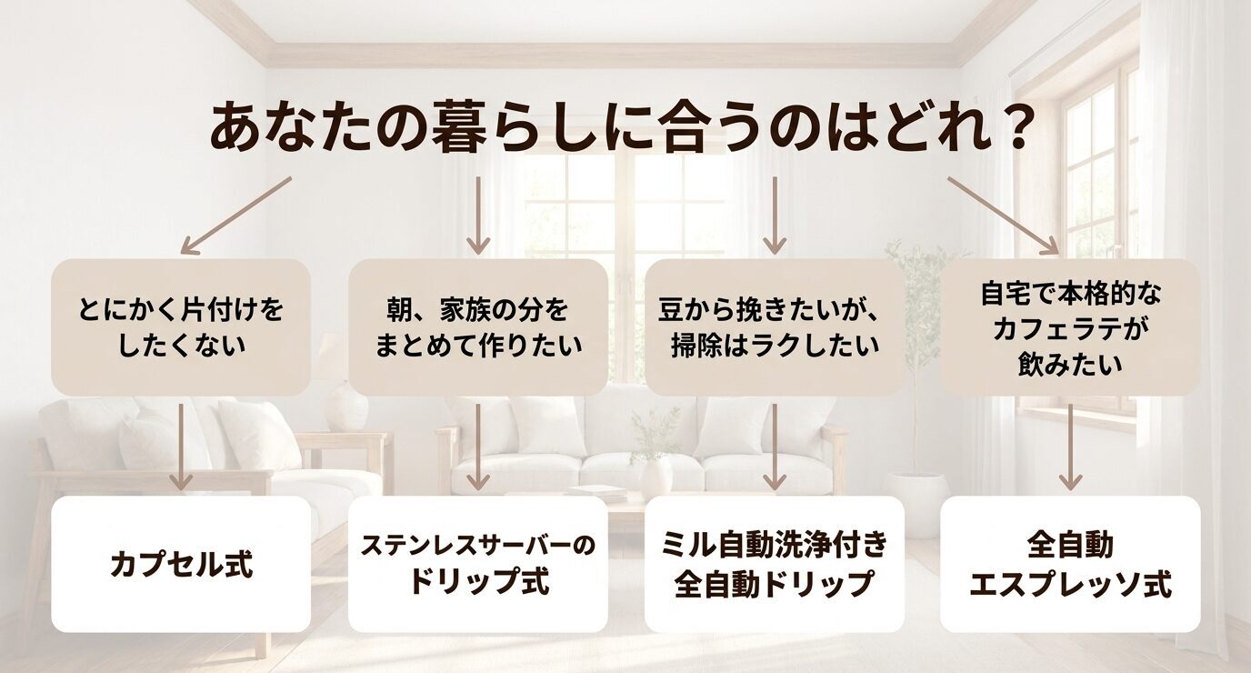 片付けを減らしたい人、家族分をまとめて作りたい人、豆から挽きたい人、カフェラテを飲みたい人に合うタイプを示すスライド