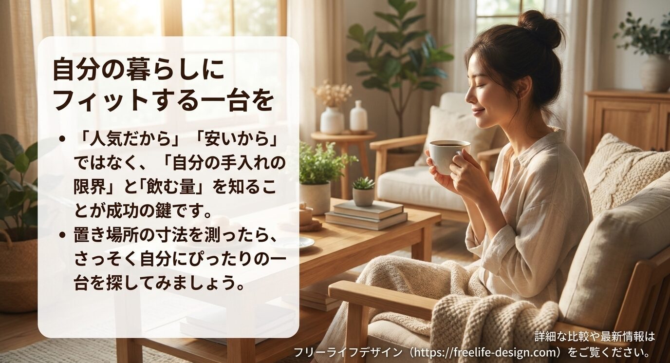 人気や安さだけでなく、手入れの限界、飲む量、置き場所を確認して自分に合うコーヒーメーカーを選ぶことを示すまとめスライド