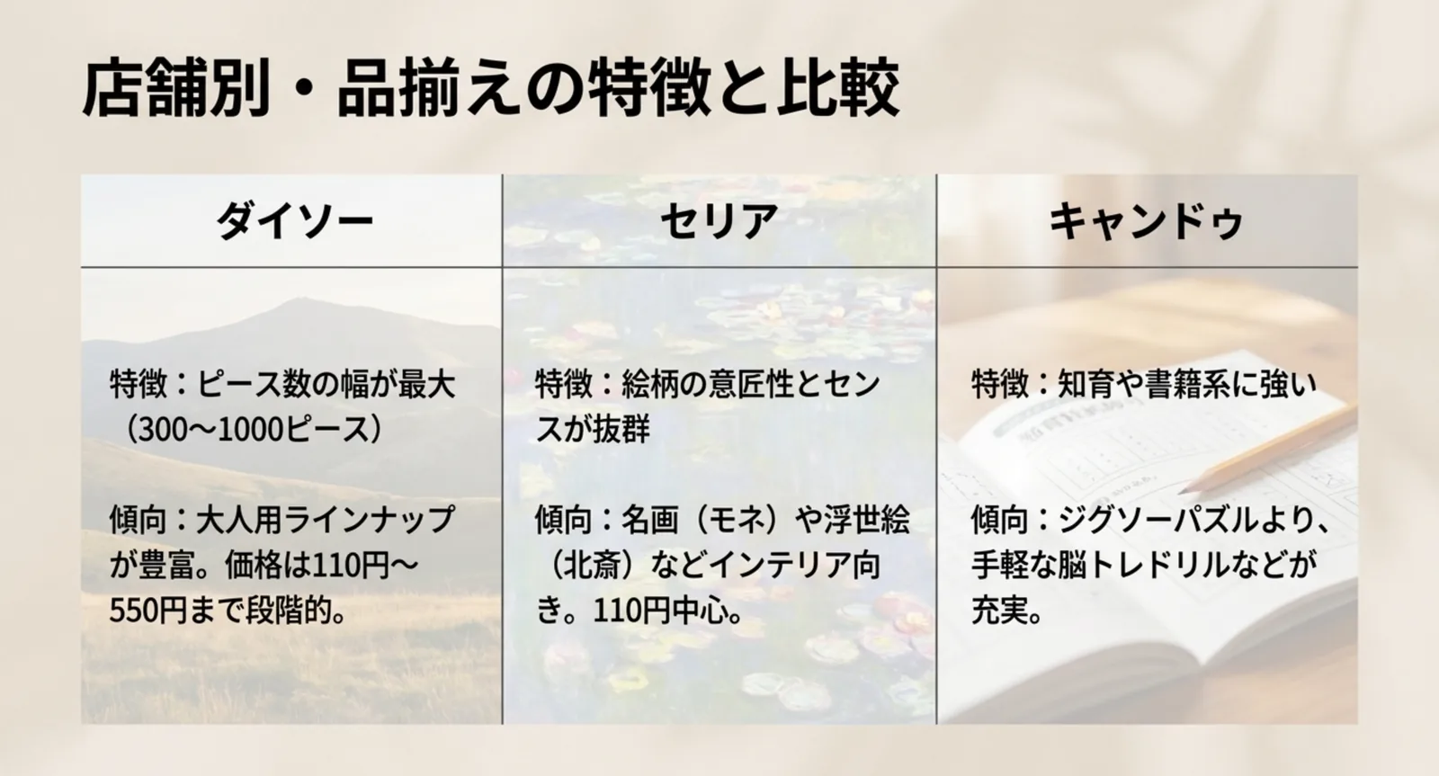 ダイソー・セリア・キャンドゥの3店舗でパズルの品揃えと価格帯がどう違うかを並べた比較図