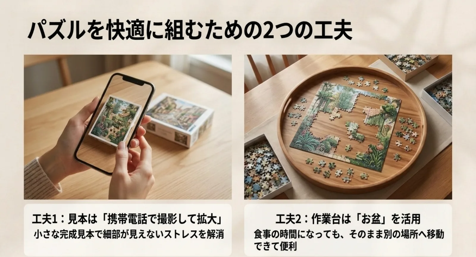 完成見本をスマートフォンで撮って拡大する方法と、お盆を作業台に使う方法を示した図