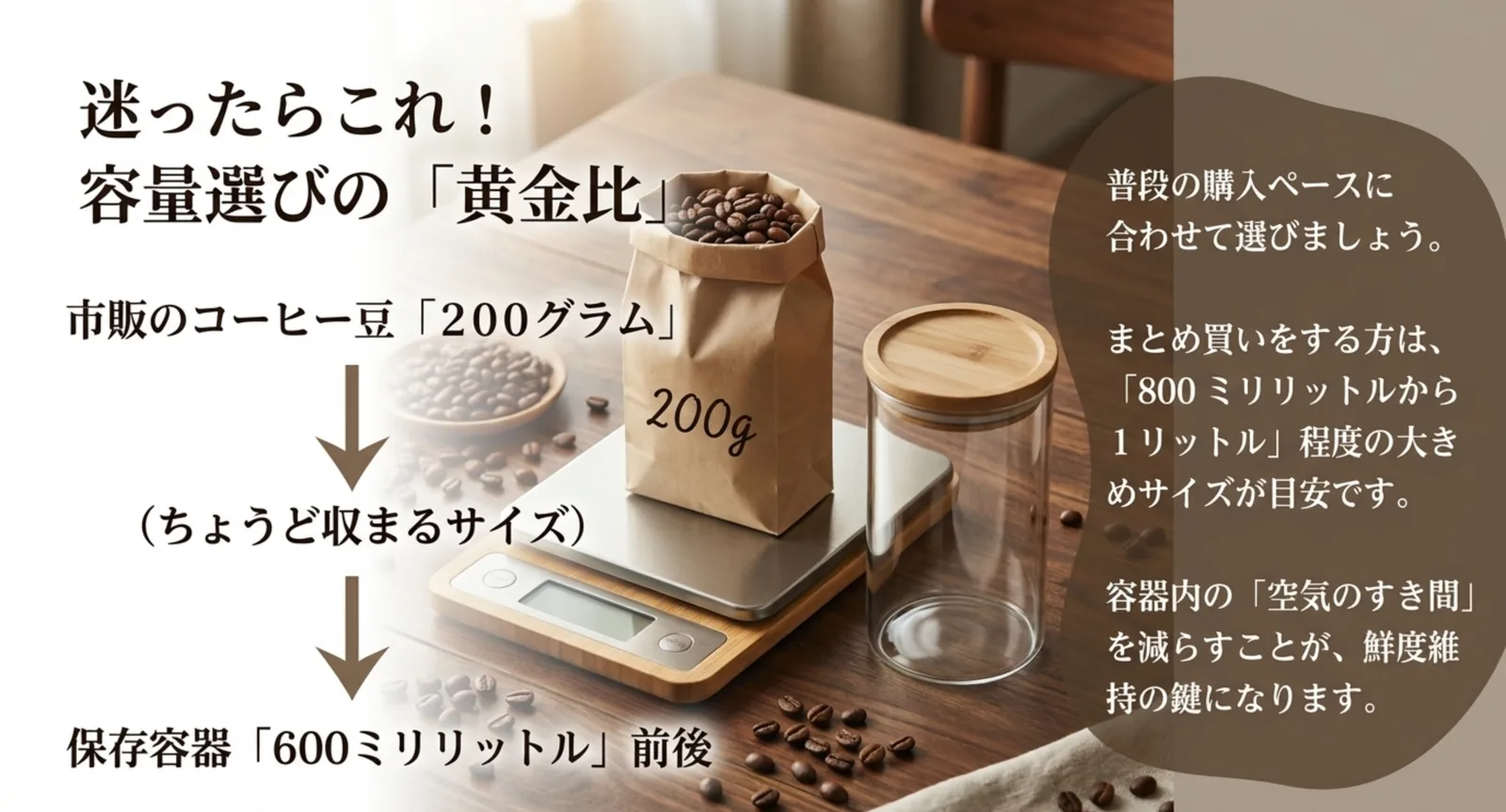 市販の200gパックには600ml前後の容器がちょうど収まりやすいという容量の目安を示したスライド