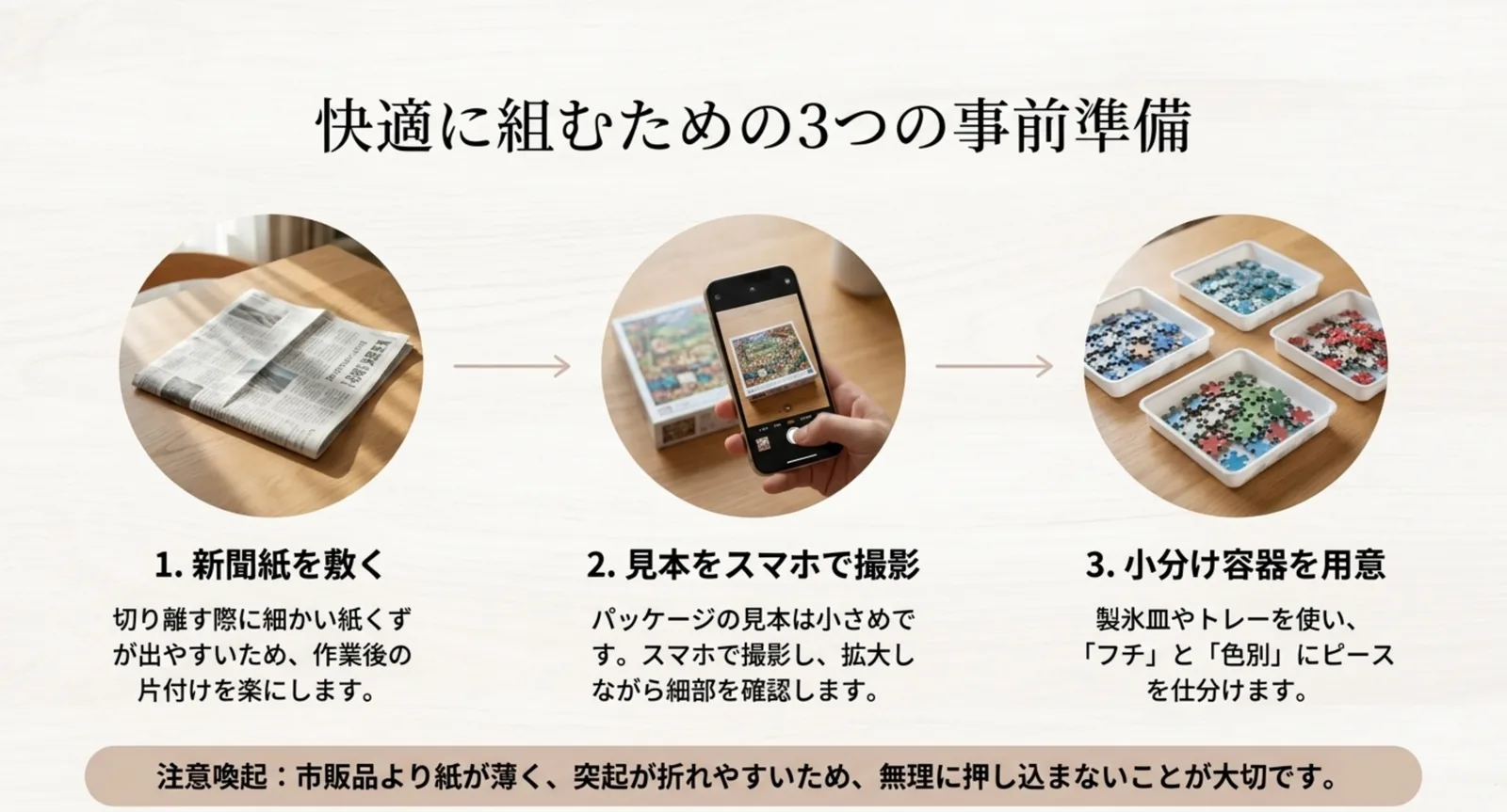 新聞紙を敷く、完成見本をスマートフォンで撮る、小分け容器で仕分けるという3つの準備を並べた図