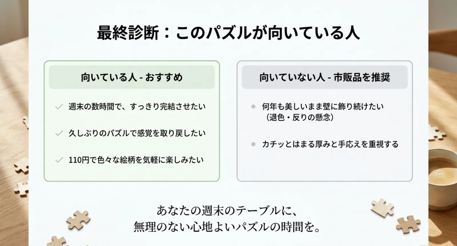 ダイソーの300ピースが向いている人と、市販品を選んだほうがよい人を左右に並べて整理した図