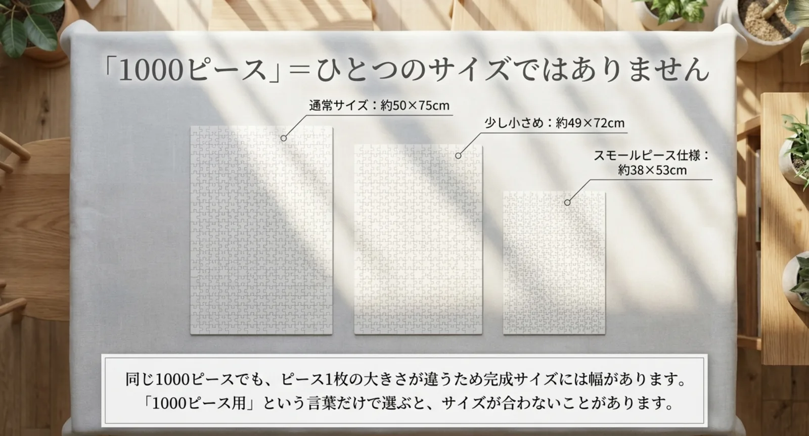 約50×75cm、約49×72cm、約38×53cmという1000ピースの完成サイズの違いを並べた図
